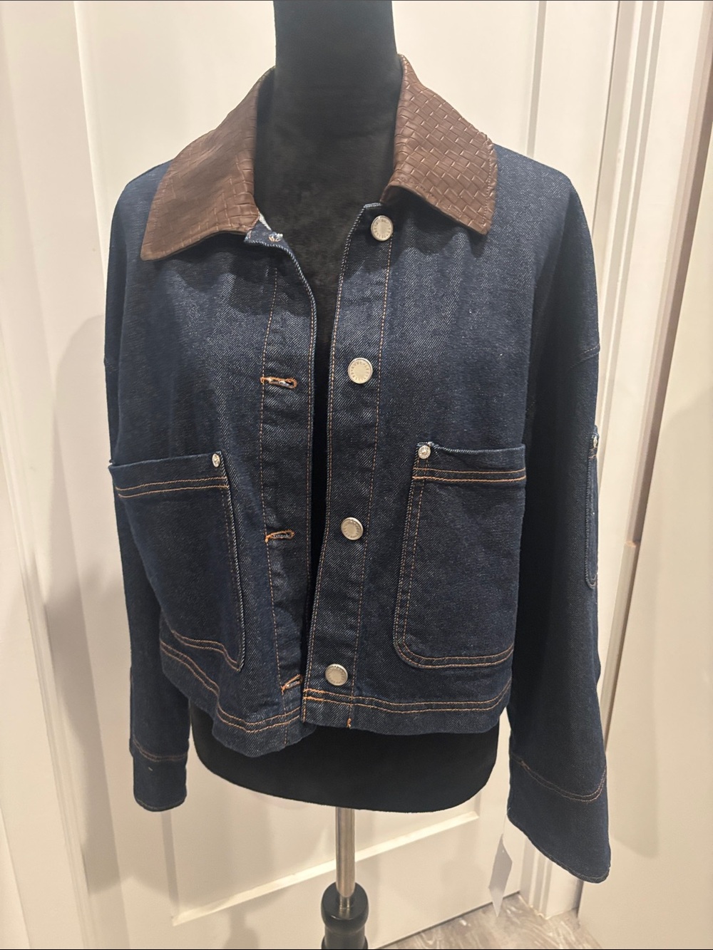 Avec Les Filles Dark Blue Denim Jacket with Brown Collar